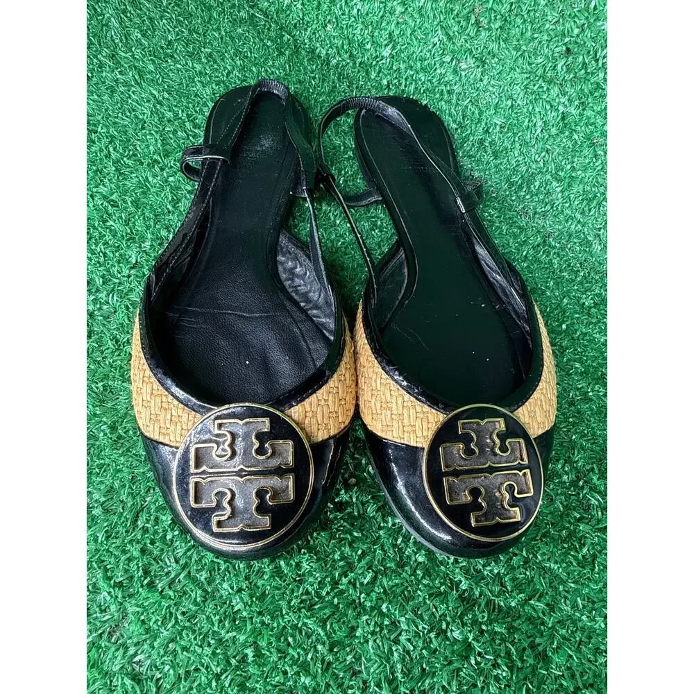 Tory Burch Randy Slingback Flats Black Patent Straw Logo Women’s Size 7